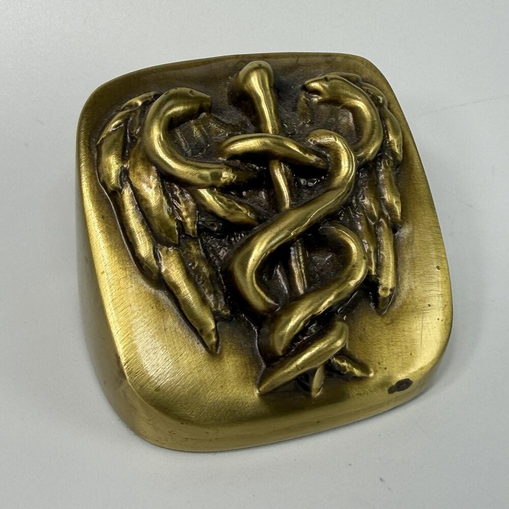 Vintage Brass Caduceus Physicians Paperweight Heavy PM Craftsman 2.5" Gold
